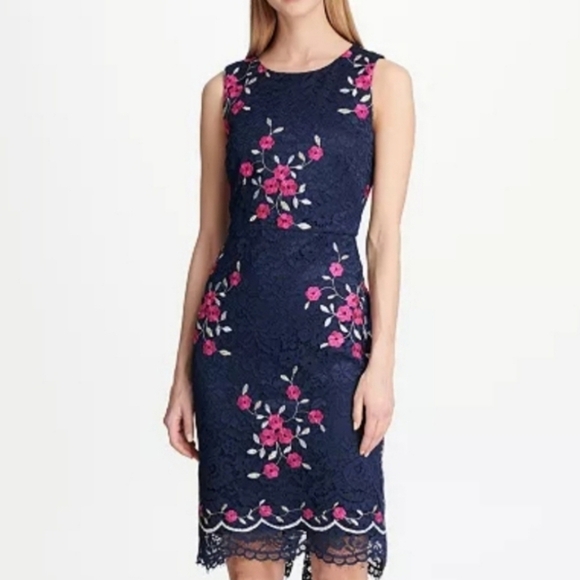 NWT DKNY Womens Embroidered Lace Sleeveless Floral Navy/Pink Dress Size 2 - Picture 10 of 10